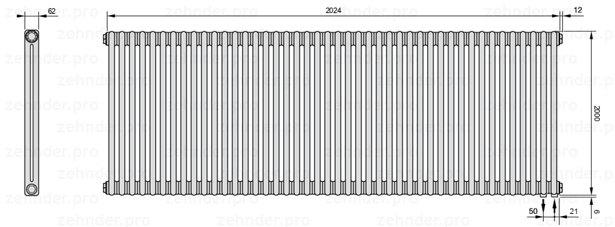 Схема (чертеж) Радиатор Zehnder Charleston 2200/44 №5510 Белый глянцевый RAL 9016